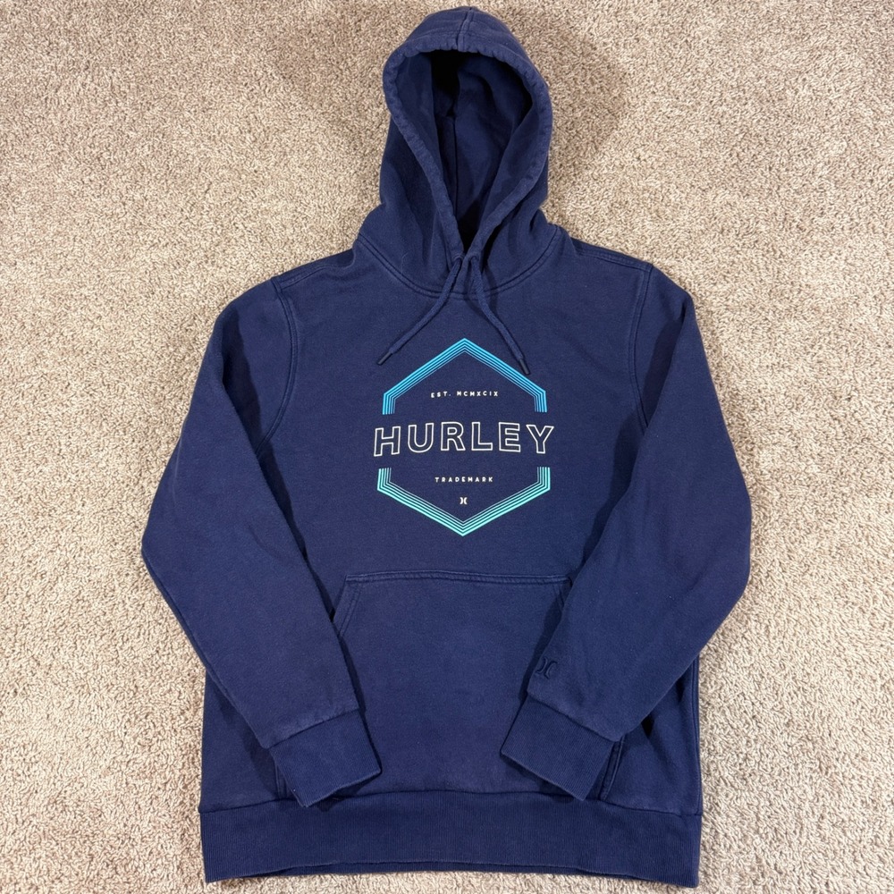 Hurley Hoodie Mens Size Medium Navy Blue Good Graphic Logo Pullover HMF24-10497